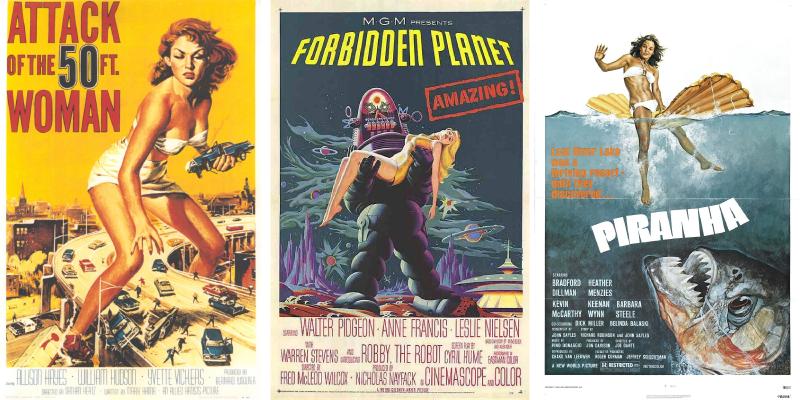 Nathan Juran's Attack of the 50 foot Woman (1958), Fred M. Wilcox's Forbidden Planet (1956), Joe Dante's Piranha (1978)