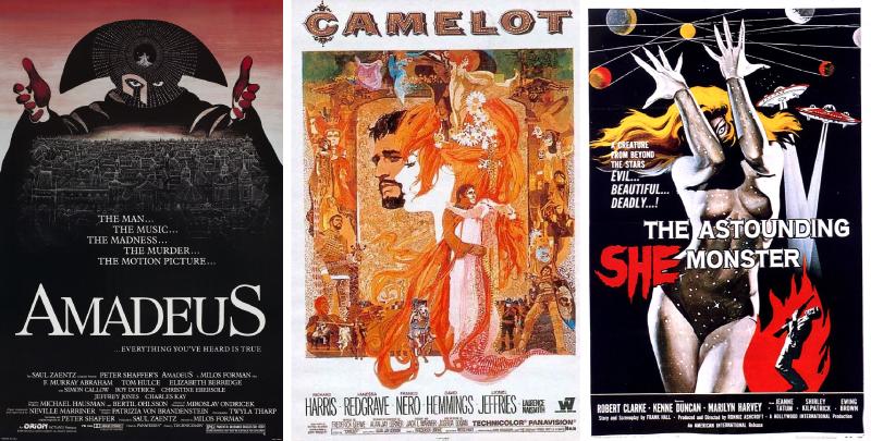 Milos Forman's Amadeus (1984), Joshua Logan's Camelot (1967) Ronald V. Ashcroft's The Astounding She-Monster (1957)