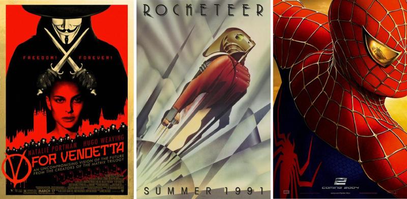 James McTeigue's V for Vendetta (2005), Joe Johnston's  The Rocketeer (1991), Sam Raimi's Spider-Man (2002)