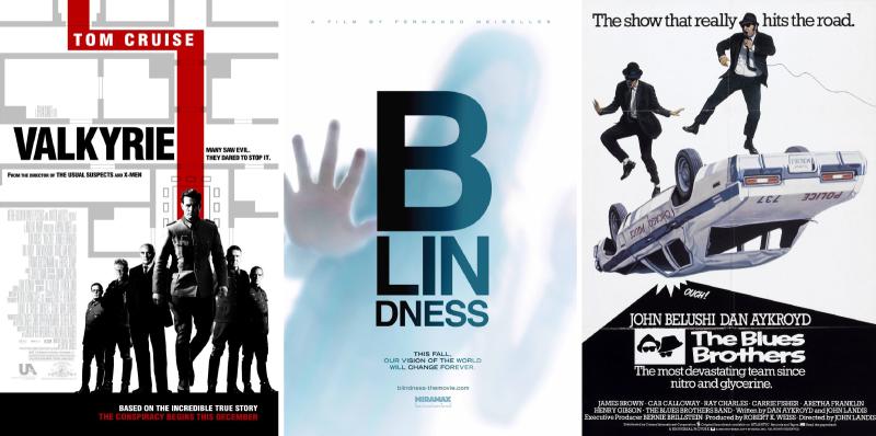 Bryan Singer's Valkyrie (2008), Fernando Meirelles's Blindness (2008), John Landis's The Blues Brothers (1980)
