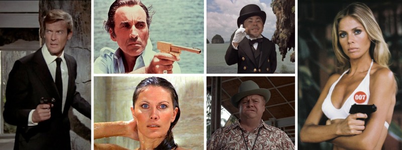 cast of the man with the golden gun, roger moore as james bond, christopher lee as scaramanga, maud adams as ms anders, herve villechaize as nik nak, clifton james as sherrif pepper, britt ekland as mary goodnight