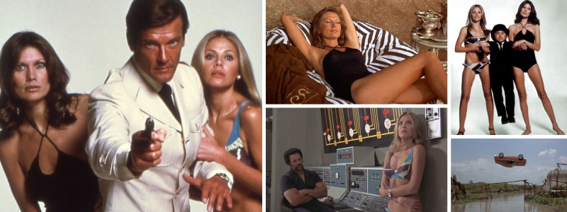 scenes from the man with the golden gun, roger moore, britt ekland, maud adams, herve villechaize